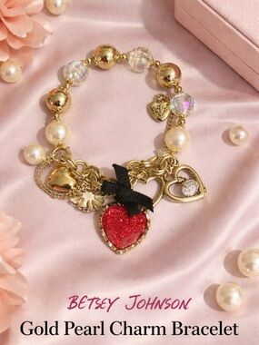 Betsey Johnson Gold Pearl Charm Bracelet with Red Heart Pendant Y2K Barbiecore